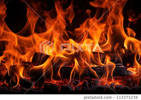 Close-up of burning powerful fire with black coals, burnt wood in flames of fire, dynamic bright background with copy space 113373239