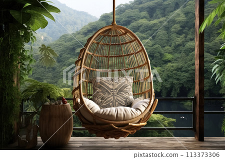 Empty wicker rattan hanging chair with pillows on terrace of an eco villa or eco hotel with view of jungle in tropical country 113373306