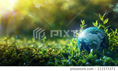 Small globe with growing plant on grass field with blurred forest background Small globe with growing plant on grass field with blurred forest background 113373371