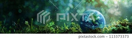 Earth landscape with forest and green moss, ideal for environmentalism and nature beauty. 113373373