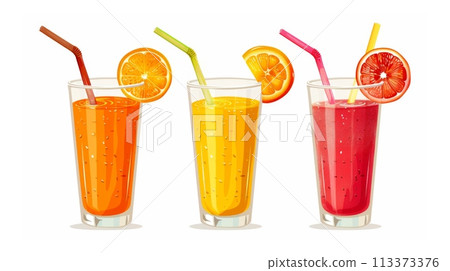 Three glasses of fresh juice with orange, lemon, and grapefruit slices on white background 113373376