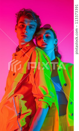 Stylish young couple in trendy outfits on pink background. Ideal for fashion and lifestyle content. Stylish young couple in trendy outfits on pink background. Ideal for fashion and lifestyle content. 113373391