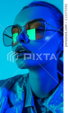 Portrait of a fashionable young woman wearing sunglasses with a blue tint Portrait of a fashionable young woman wearing sunglasses with a blue tint 113373392