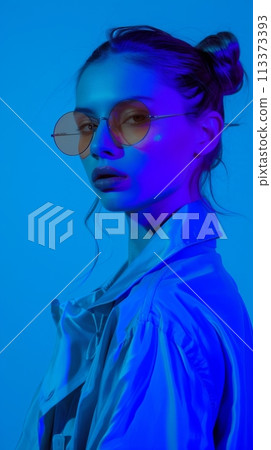 Portrait of a young woman wearing sunglasses with a blue tint in front of a blue background Portrait of a young woman wearing sunglasses with a blue tint in front of a blue background 113373393