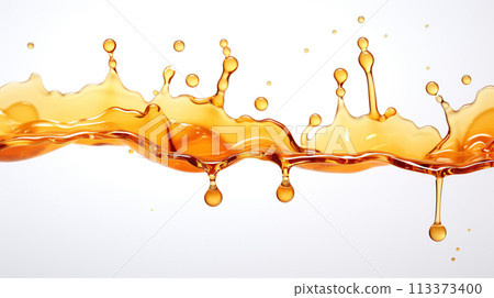 Honey drops flowing. Amber liquid on white background. 113373400