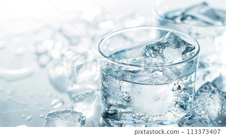 Refreshing Glass of Cold Water with Ice Cubes, Perfect for Hot Summer Days and Hydration Needs 113373407