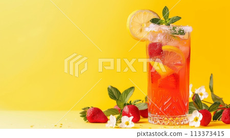 Refreshing summer lemonade with strawberries and lemon slices on a yellow background Refreshing summer lemonade with strawberries and lemon slices on a yellow background 113373415