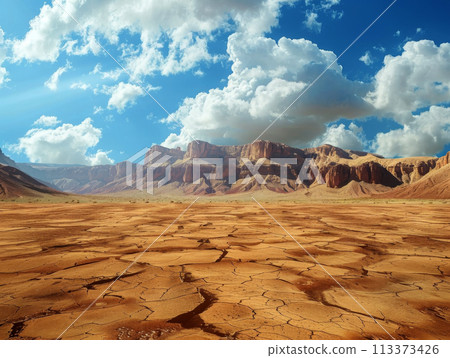Landscape of arid desert terrain with dry soil and rocky mountains against cloudy blue sky  113373426