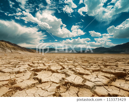 Detailed view of parched and cracked soil ground texture background for design projects 113373429