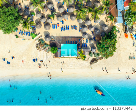 Aerial view of pool, sandy beach, palms, umbrellas, boat, sea 113373442
