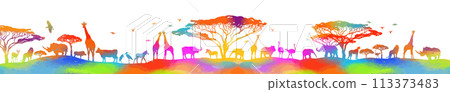 colored abstract African landscape silhouettes of animals. hand drawing. Not AI, Vector illustration 113373483
