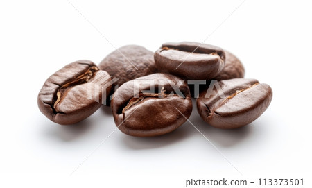 Close-up of Roasted Coffee Beans on white Background with Copy Space for Caffeine Drink Concept Close-up of Roasted Coffee Beans on white Background with Copy Space for Caffeine Drink Concept 113373501