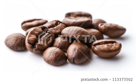 Roasted Coffee Beans Close-up Shot on White Background with Copy Space for Text Roasted Coffee Beans Close-up Shot on White Background with Copy Space for Text 113373502