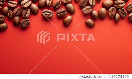 Dark Roasted Coffee Beans Close-up on Red Background, Shiny Oily Beans Piled in Random Pattern Dark Roasted Coffee Beans Close-up on Red Background, Shiny Oily Beans Piled in Random Pattern 113373503