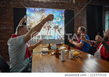 Friends coming together to watch an online American football match on TV, with beer and snacks, expressing enjoyment of the game. 113373510