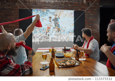 Emotional men, friends gathering together to watching online football match translation on TV, cheering up team, drinking beer 113373532