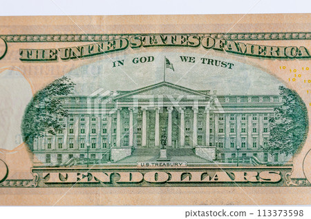 United States Treasury Building on 10 US dollars bill. 113373598