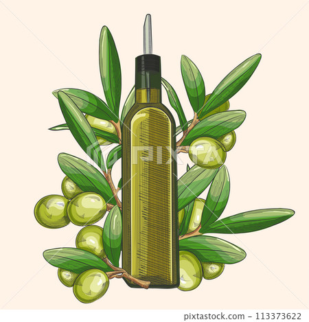 Olive oil glass bottles with olive leaves. Vector realistic template design. Olive oil glass bottles with olive leaves. Vector realistic template design. 113373622