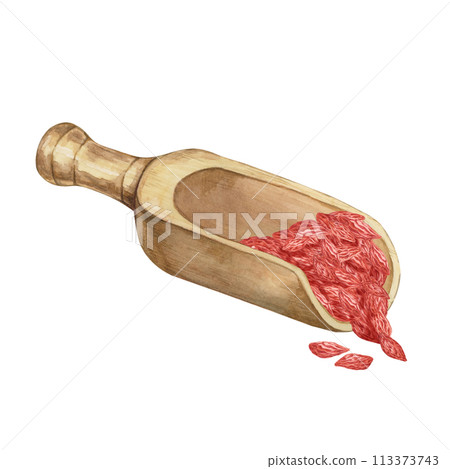 Dry Goji berries in a wooden spoon in watercolor isolated on white background. Hand-drawn clipart of superfood licium barbarum fruits. Design for printing, packaging, cards, posters, food supplements Dry Goji berries in a wooden spoon in watercolor isolated on white background. Hand-drawn clipart of superfood licium barbarum fruits. Design for printing, packaging, cards, posters, food supplements 113373743
