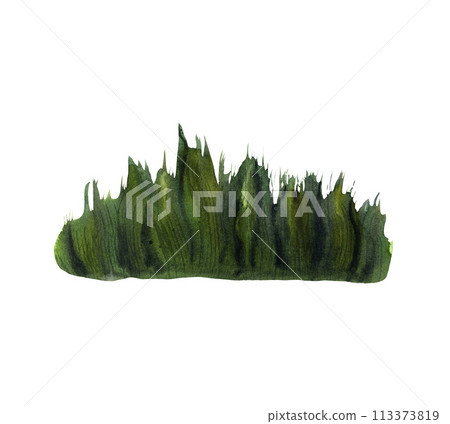 Green watercolor grass border natural, organic, bio, eco label and shape, isolated on white background. Hand drawn stain, abstract watercolour texture, landscape element, isolated greenery set, spot 113373819