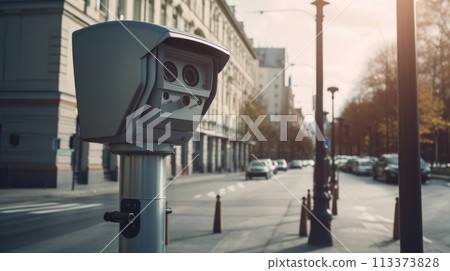 A small pole equipped with a camera is installed on the street side A small pole equipped with a camera is installed on the street side 113373828