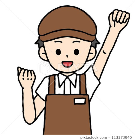 A male cafe employee is doing a fist pump 113373940