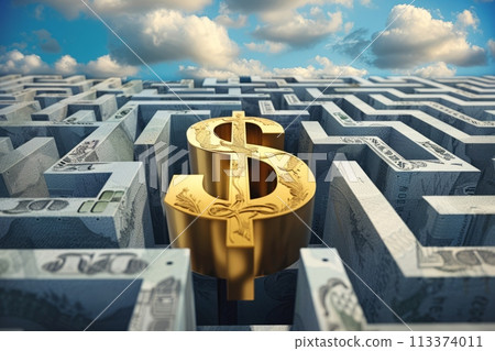 a financial maze, with a golden dollar sign at the center, and a path leading through financial obstacles, highlighting the journey to wealth 113374011