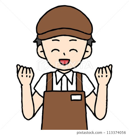 A male cafe employee is doing a fist pump 113374056