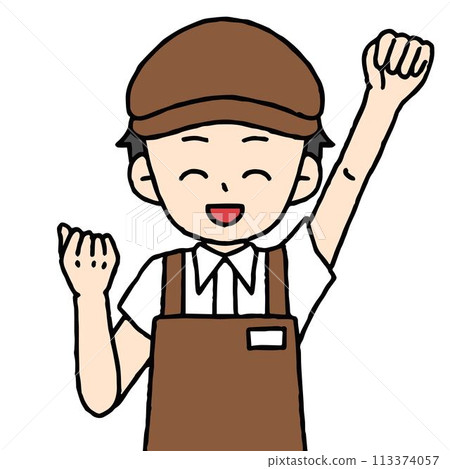 A male cafe employee is doing a fist pump 113374057