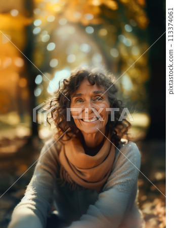 Portrait of Beautiful Senior Aged Woman With Gray Hair, Wrinkles in Autumn Park Outdoor. Smiling with Teeth Older Female. Vertical Plane. Happy Pensioner, Retirement. AI Generated 113374061