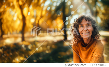 Banner Portrait of Charming Senior Aged Woman With Gray Hair, Wrinkles in Autumn Park Outdoor Bokeh. Black And White Photo. Smiling with Teeth Older Female. Happy Pensioner, Retirement. AI Generated 113374062