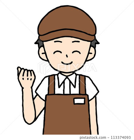 A male cafe employee is doing a fist pump 113374093