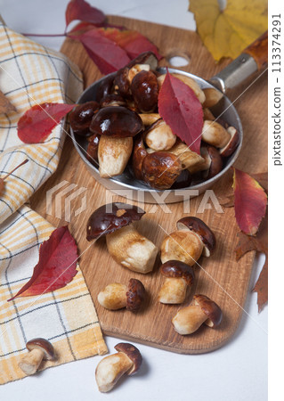 Several Imleria Badia or Boletus badius mushrooms commonly known as the bay bolete and vintage pan with mushrooms on wooden cutting board.. 113374291