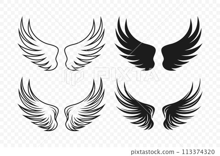 Vector Wings. Black Monochrome Angel Wings Silhouette. Design Template, Clipart. Cupid, Bird Wings. Vector Illustration 113374320