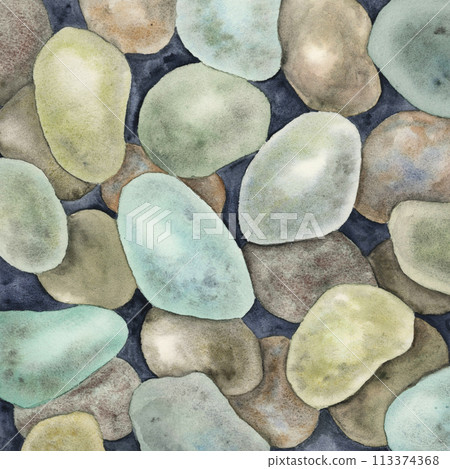 Pebbles in watercolor. Illustration underwater rocks in green tones, undersea ornament for wallpaper, printing, backgrounds. Colorful gravel artwork Pebbles in watercolor. Illustration underwater rocks in green tones, undersea ornament for wallpaper, printing, backgrounds. Colorful gravel artwork 113374368