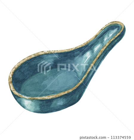 Ceramic spoon in watercolor. Hand drawn clipart of empty porcelain spatula in Asian style. Design of traditional kitchen utensil for printing, packaging, design isolated on white background 113374559