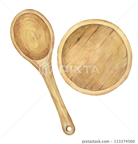 Wooden spoon and plate in watercolor. Hand drawn clipart of empty wooden spatula and plate in rustic style. Design of kitchen utensil for printing, packaging, elements isolated on white background 113374560