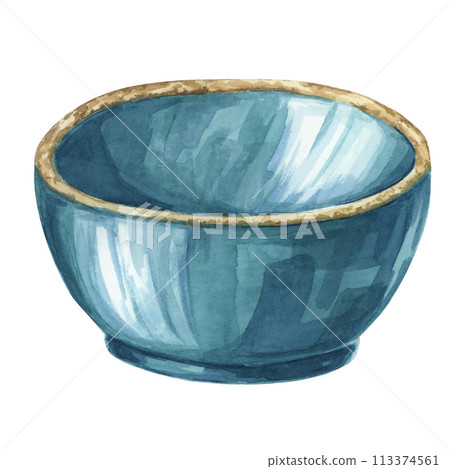 Empty ceramic bowl in watercolor. Hand drawn clipart of porcelain dishware in traditional style. Design of kitchen utensil for printing, packaging, element isolated on white background 113374561