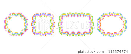 Set of round, square, rectangle and oval frames with wiggly edges. Colorful shapes with wavy borders. Picture or photo frames, empty text boxes, tags or labels elements. Vector graphic illustration 113374774