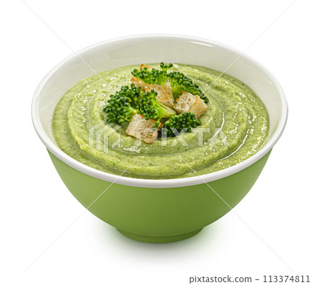 Broccoli cream soup with croutons isolated on white background, full depth of field, package design element Broccoli cream soup with croutons isolated on white background, full depth of field, package design element 113374811