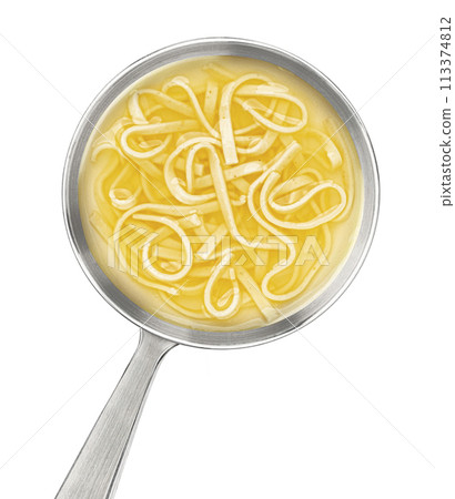 Instant noodle soup in ladle isolated on white background, top view, package design element 113374812