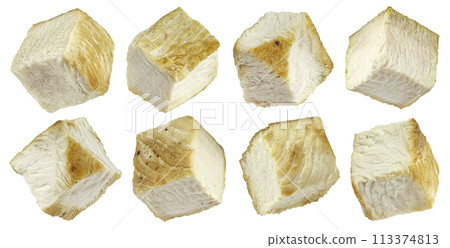 Chicken cubes isolated on white background with clipping path Chicken cubes isolated on white background with clipping path 113374813