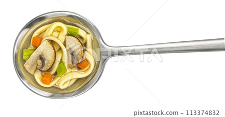 Instant noodle soup with mushrooms in spoon isolated on white background, top view, package design element Instant noodle soup with mushrooms in spoon isolated on white background, top view, package design element 113374832