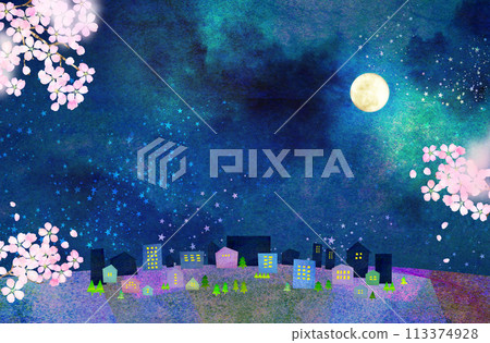月夜櫻花背景素材拼貼素材 113374928