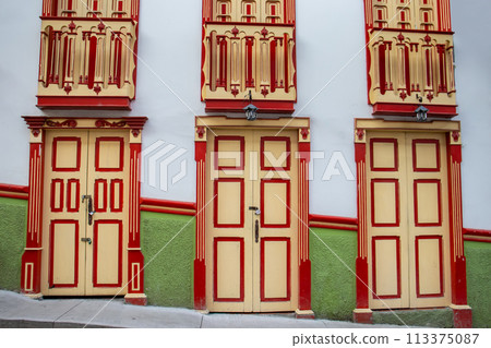 Beautiful facade of the houses at the historical downtown of the heritage town of Salamina located at the Caldas department in Colombia. Beautiful facade of the houses at the historical downtown of the heritage town of Salamina located at the Caldas department in Colombia. 113375087