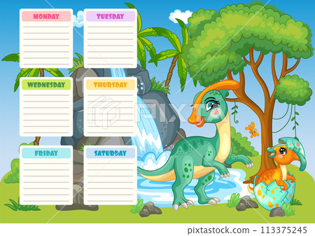Kids school schedule weekly planner with two dinosaurs vector Kids school schedule weekly planner with two dinosaurs vector 113375245
