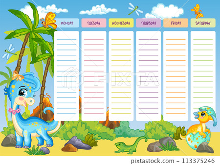 Cute blue dinosaur printable weekly planner vector illustration Cute blue dinosaur printable weekly planner vector illustration 113375246
