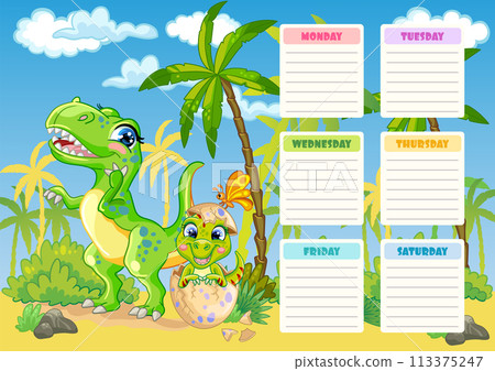 Kids school weekly planner with dinosaurs in jungle vector Kids school weekly planner with dinosaurs in jungle vector 113375247