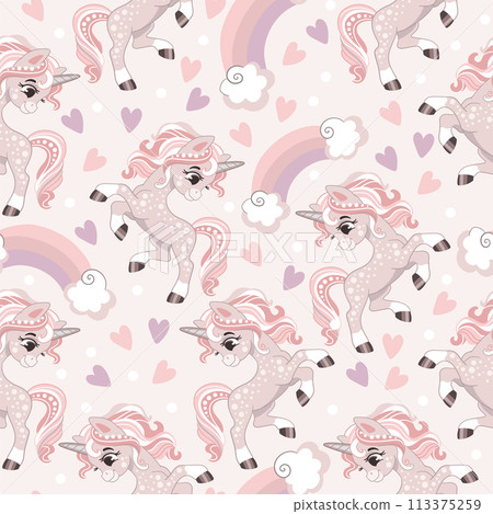 Beautiful unicorn with hearts on a pink background seamless pattern 113375259