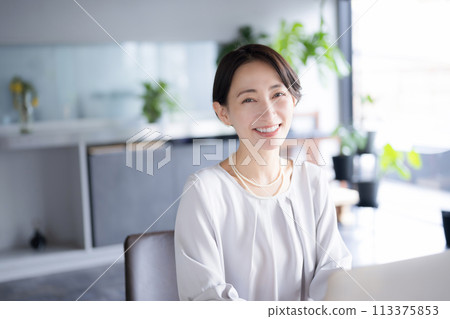 Woman working on a laptop in a beautiful office or cafe. Close-up of her looking at the camera. Copy to left Woman working on a laptop in a beautiful office or cafe. Close-up of her looking at the camera. Copy to left 113375853